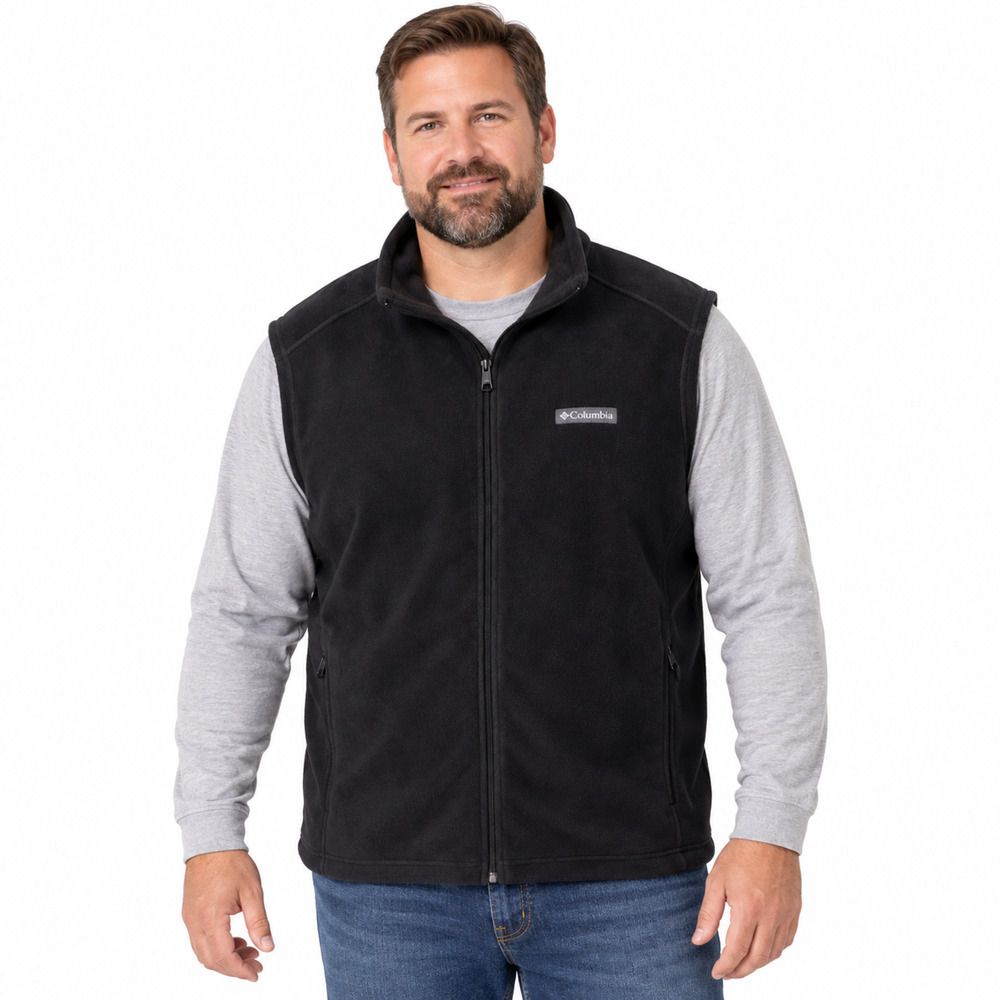 Columbia Solid Black Fleece Full Zip Vest Jacket Chest Logo Mens XLT XL Tall